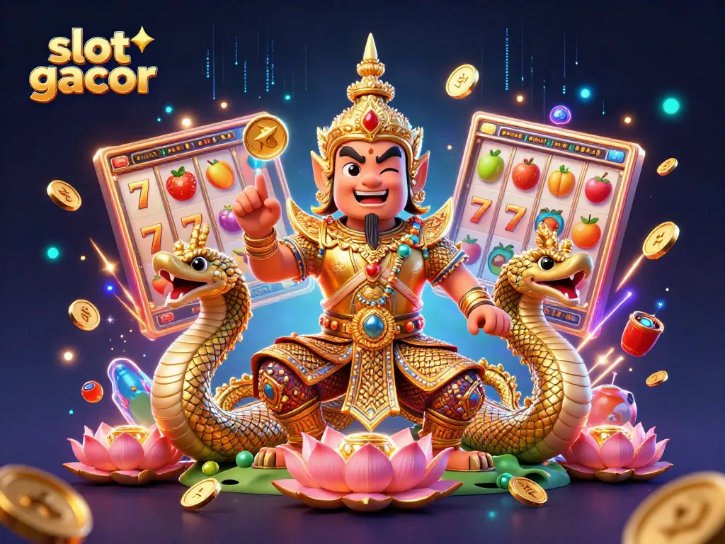 Experience the excitement of slot gacor with a vibrant casino illustration featuring lucky symbols and guardians.