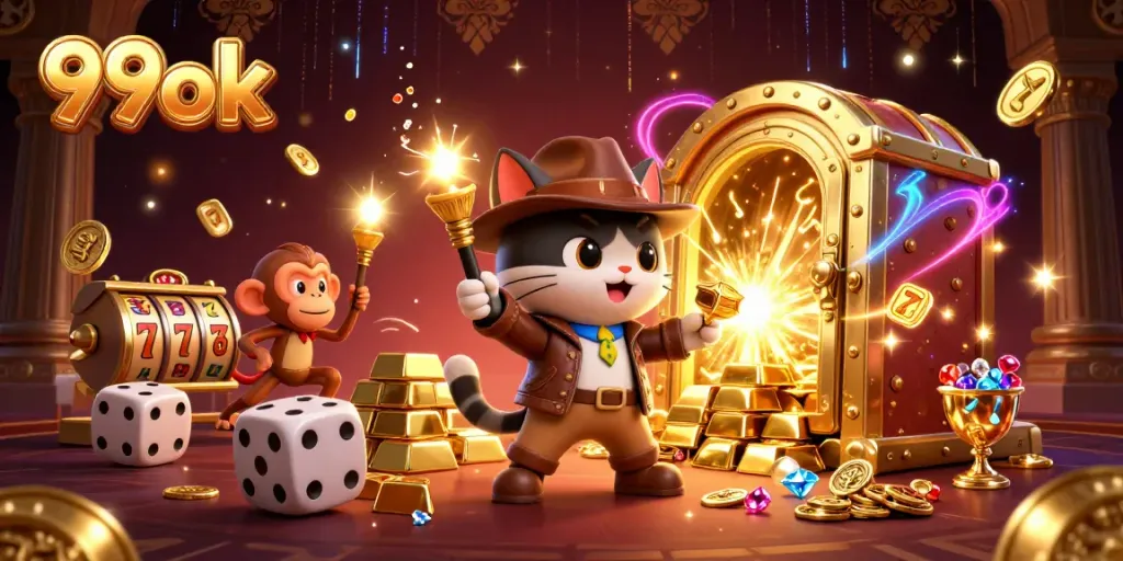 Unleash the excitement of 99ok with a 3D scene of an archaeologist cat exploring casino treasures.