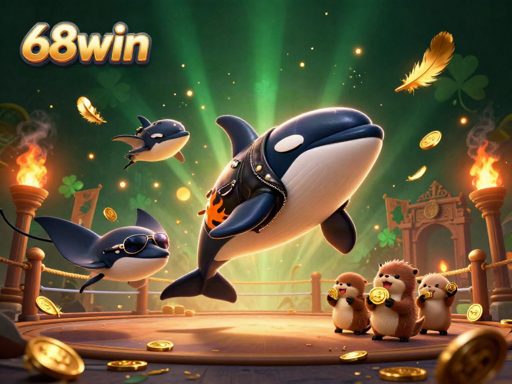 68win's vibrant 3D scene showcases a playful orca and sea creatures, promoting the exciting world of online gambling.