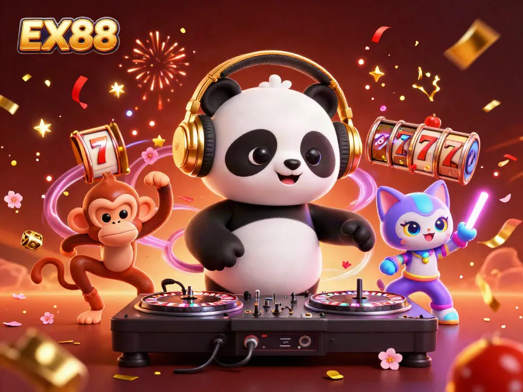 Experience the excitement of EX88 with vibrant characters in a lively casino scene.