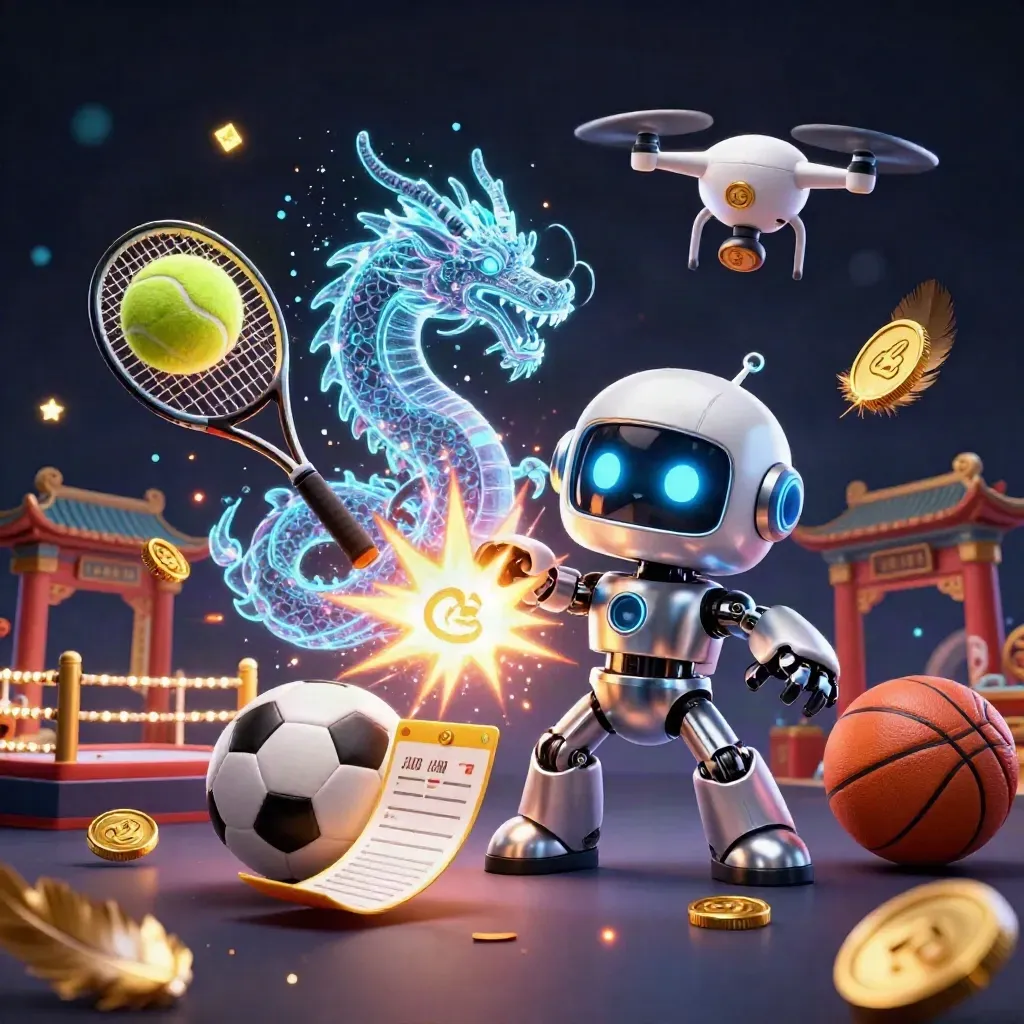 Robot mascot, holographic dragon, and coin drone amid casino-sport energy and gold effects.