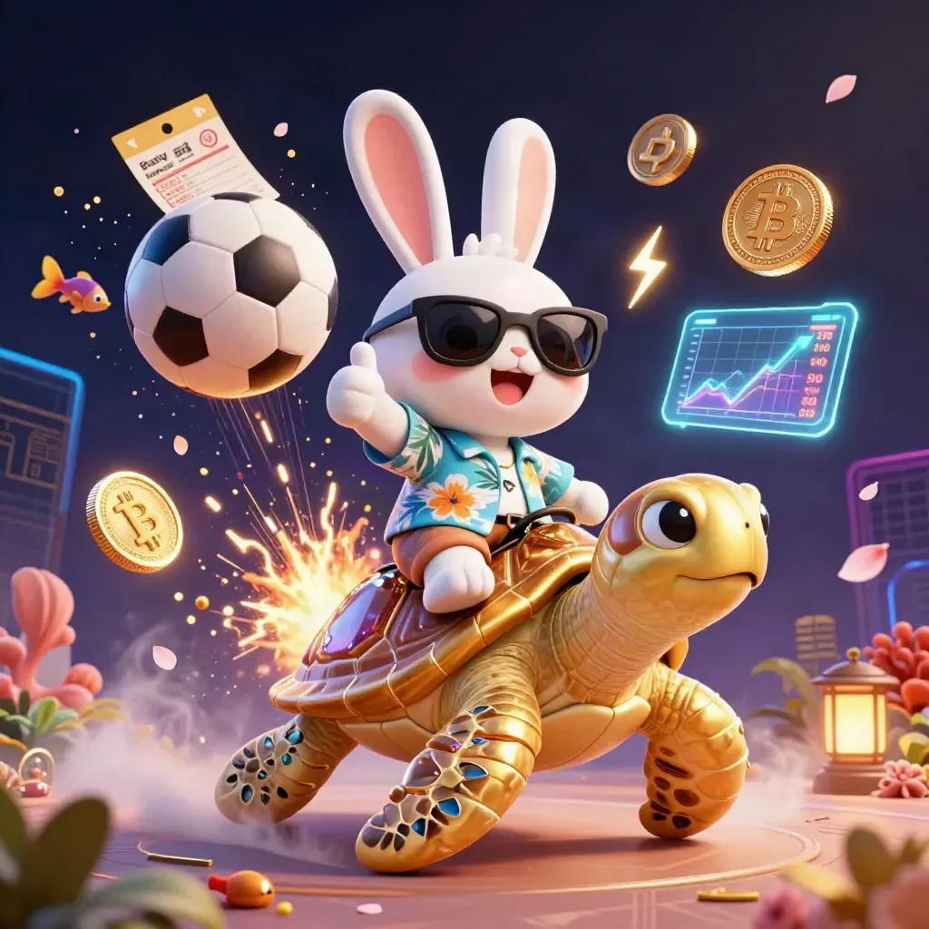 Lucky rabbit on a golden sea turtle amid coins, fish, soccer ball, spray, and neon casino effects.