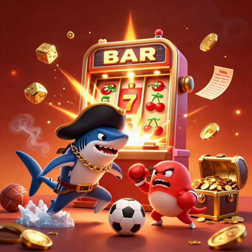 Pirate shark, boxing pufferfish and coin-juggling octopus amid casino explosions and sports balls.