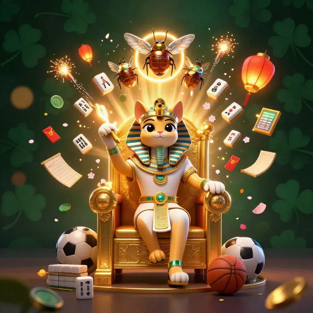 Pharaoh cat, ibis scribe, and gem-wing scarabs amid casino treasures and glowing lights.