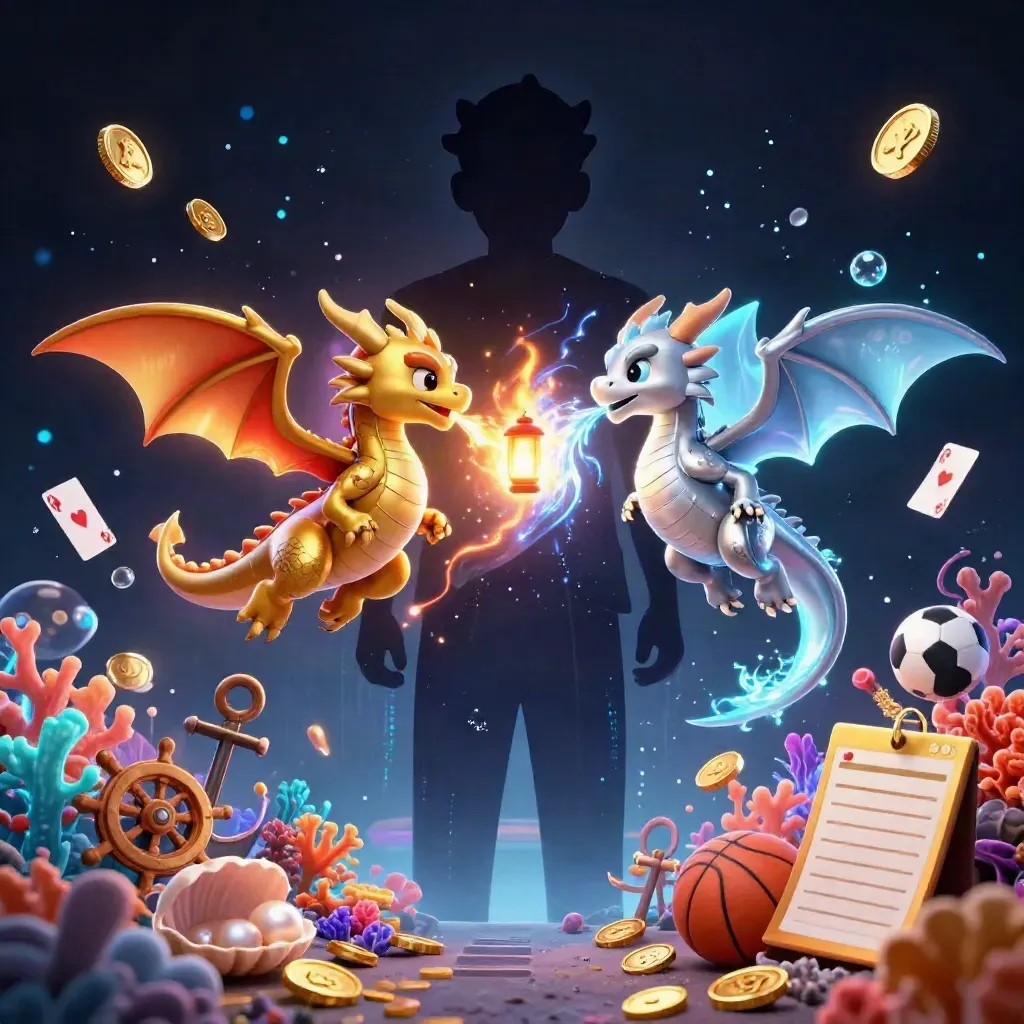 Gold and silver dragons spiral in a treasure cove with coins, coral, and glowing sports bets.