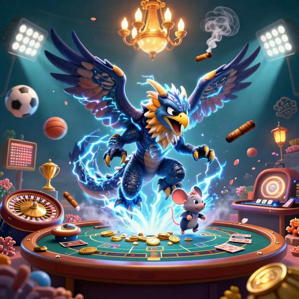 Thunder dragon, wind hawk, and static mouse above a luxe casino table with glowing sports icons.