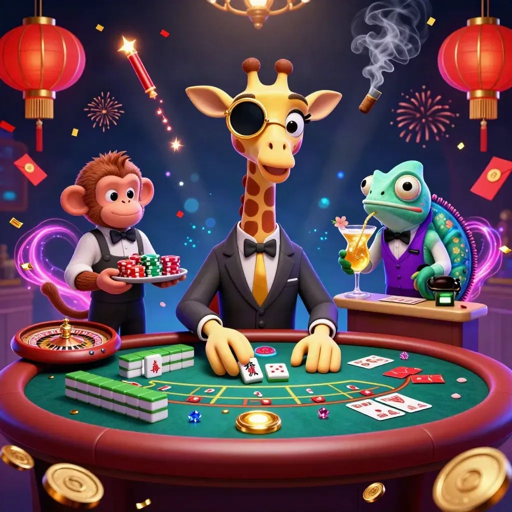 Giraffe, monkey, and chameleon at a luxe casino table with glowing cards, coins, lanterns, and fireworks.