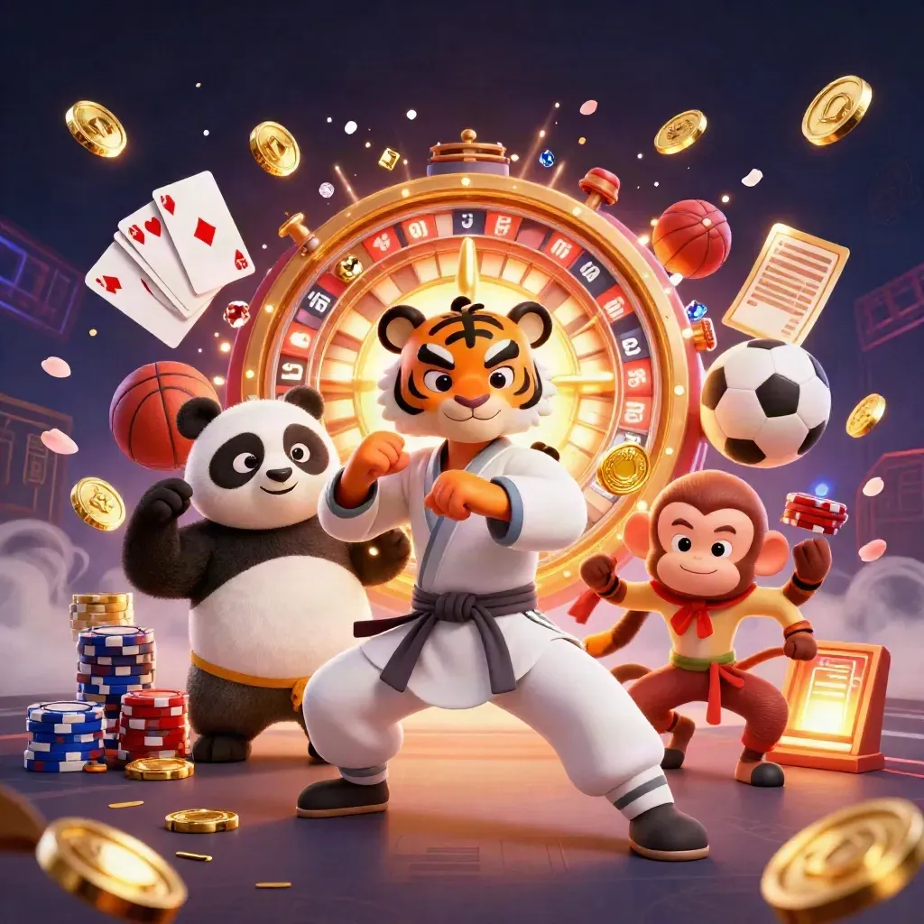 Tiger, panda and monkey in a casino kung-fu clash with coins, chips and neon light