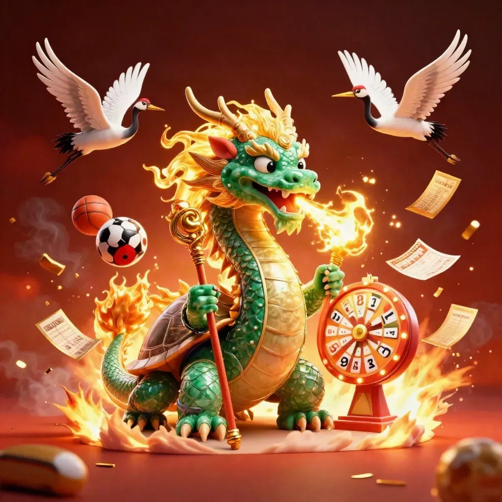 Dragon, turtle sage, and cranes burst with casino sports tokens, fire, and gold light.