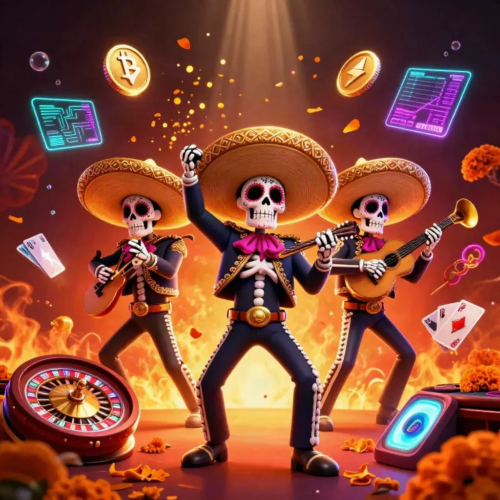 Skeleton mariachi trio amid casino props, glowing coins, roulette wheel, and neon magic.