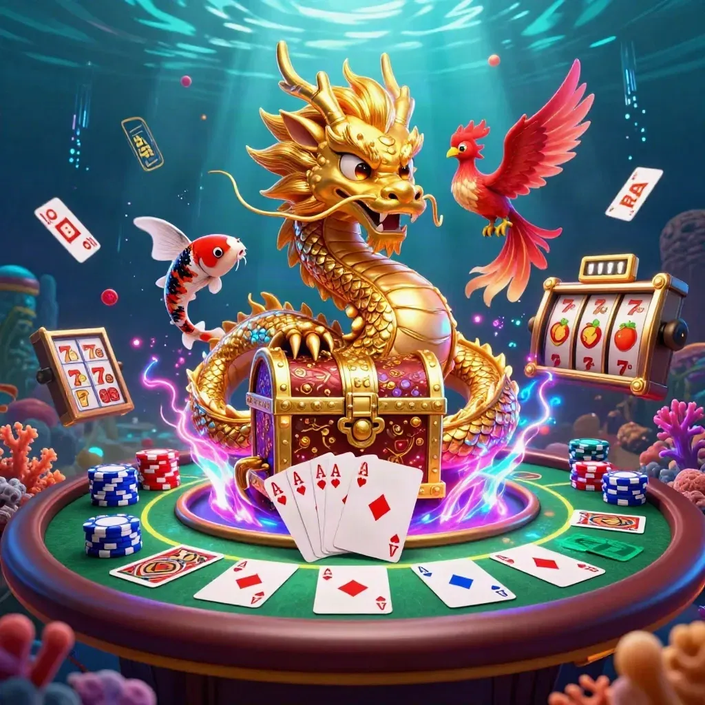 Golden dragon, phoenix, and koi burst from treasure with neon casino chips