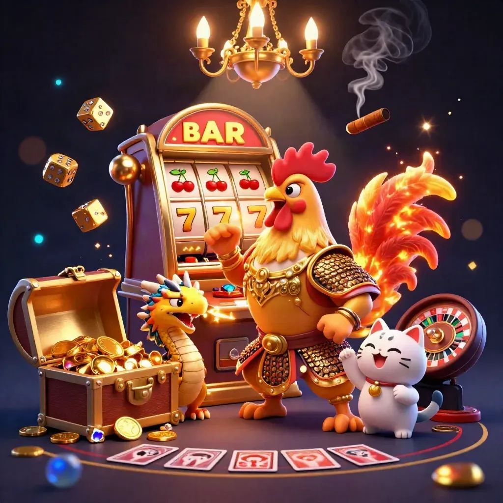 Rooster warrior, dragon hatchling, and fortune cat amid casino loot, brass, and glowing sparks.