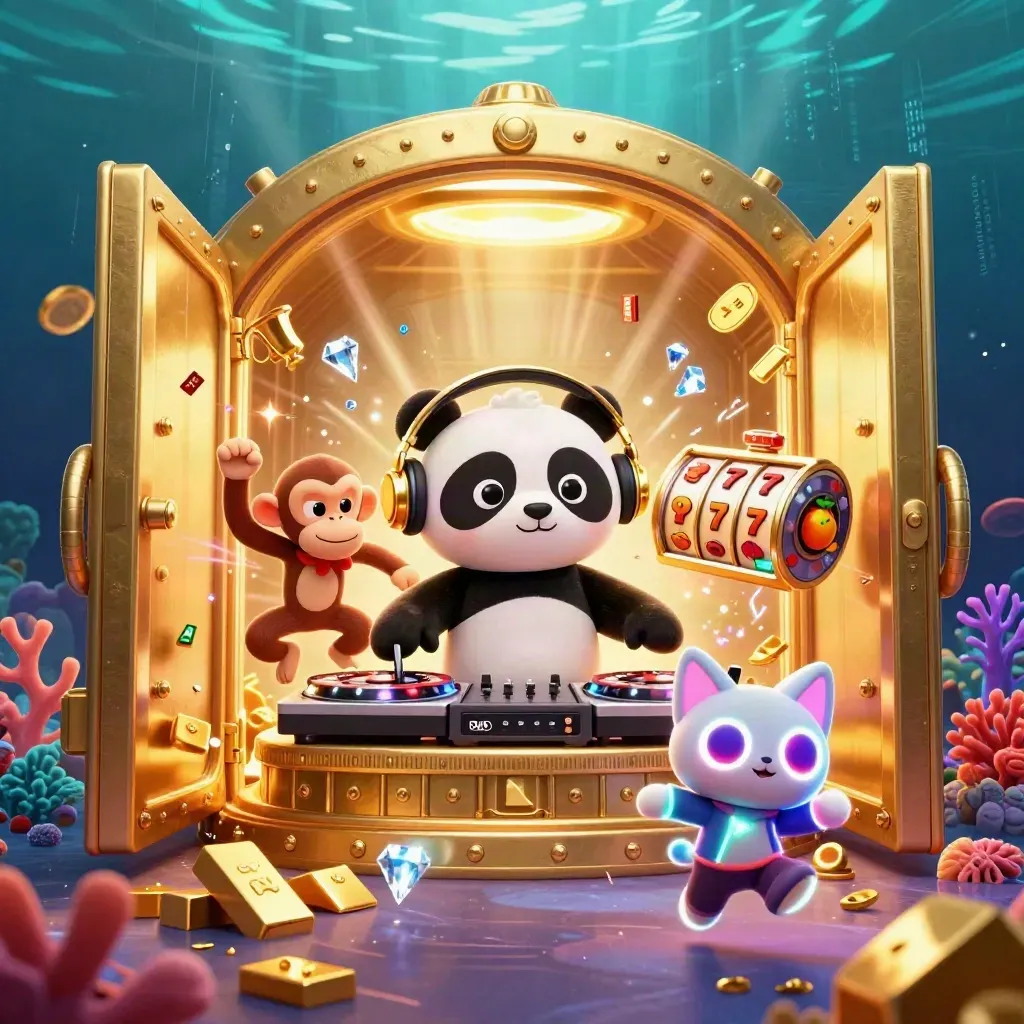 DJ panda, monkey, and glow kitten burst from a gold vault underwater with treasure and neon coral light