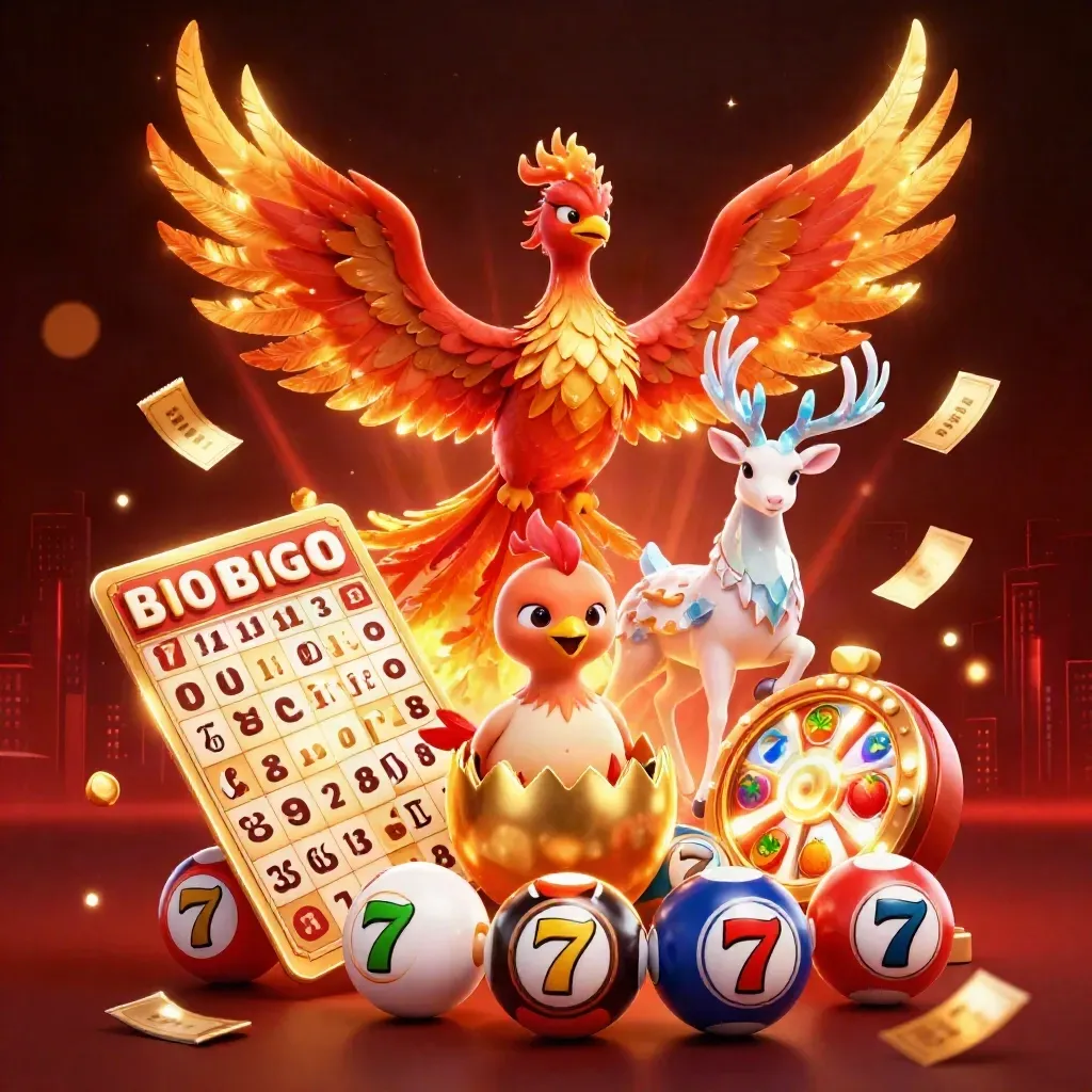 Phoenix, hatchling, and stag burst through casino lights with lottery balls and gold confetti