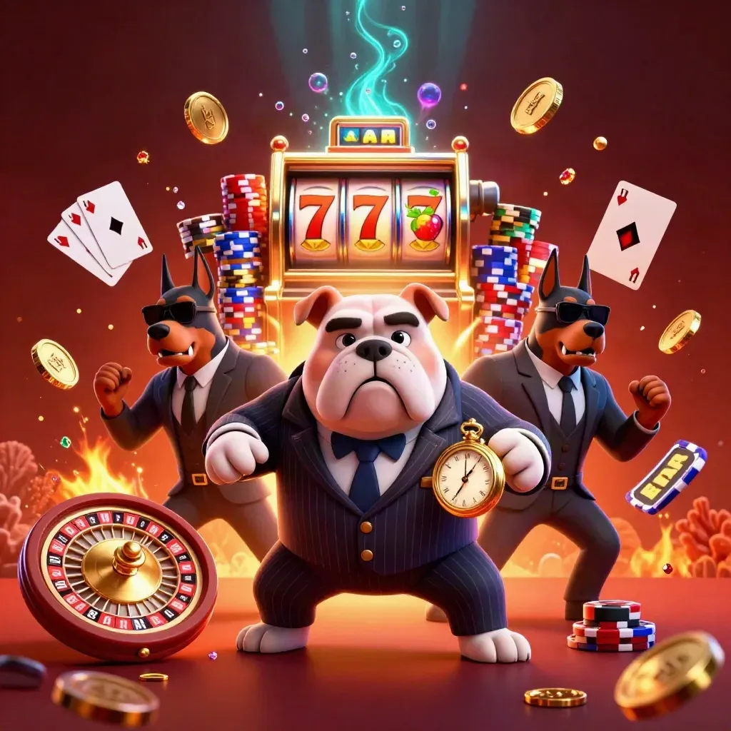 Bulldog boss and Dobermans amid coins, gems, roulette wheel and neon casino glow