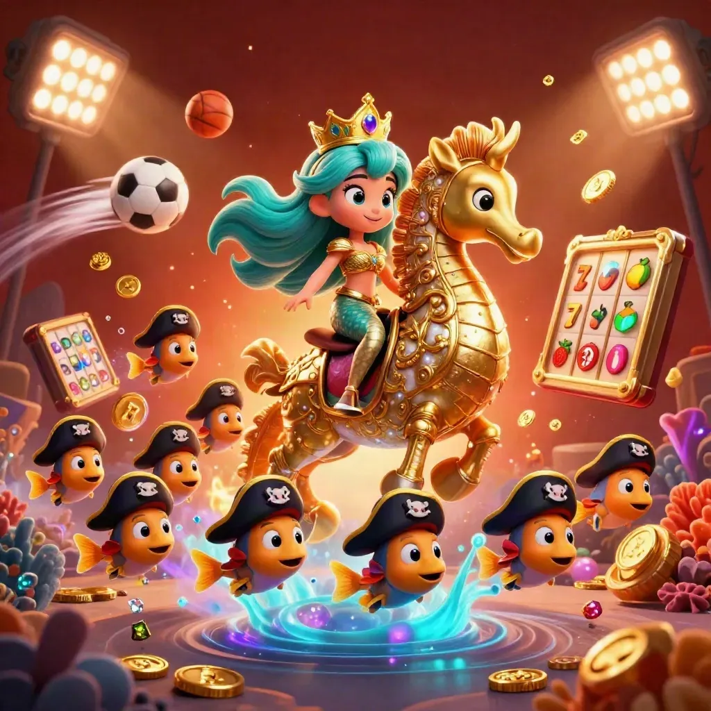 Mermaid princess on an armored seahorse amid pirate fish, coins, balls, and casino glow.