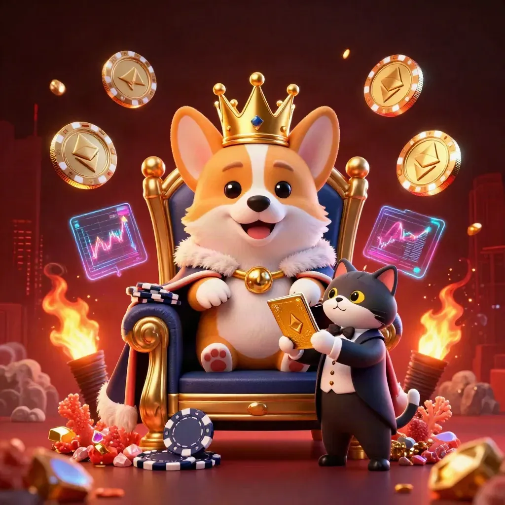 Crowned corgi and cat butler amid glowing crypto coins, coral sparks, and casino treasure.