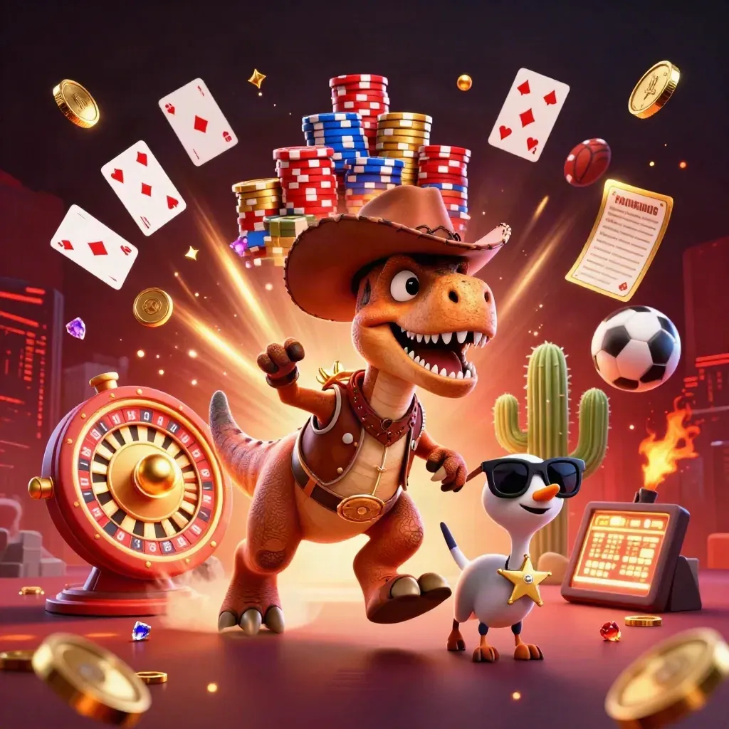 Cowboy T-Rex, cactus and roadrunner amid coins, chips, roulette wheel and casino lights