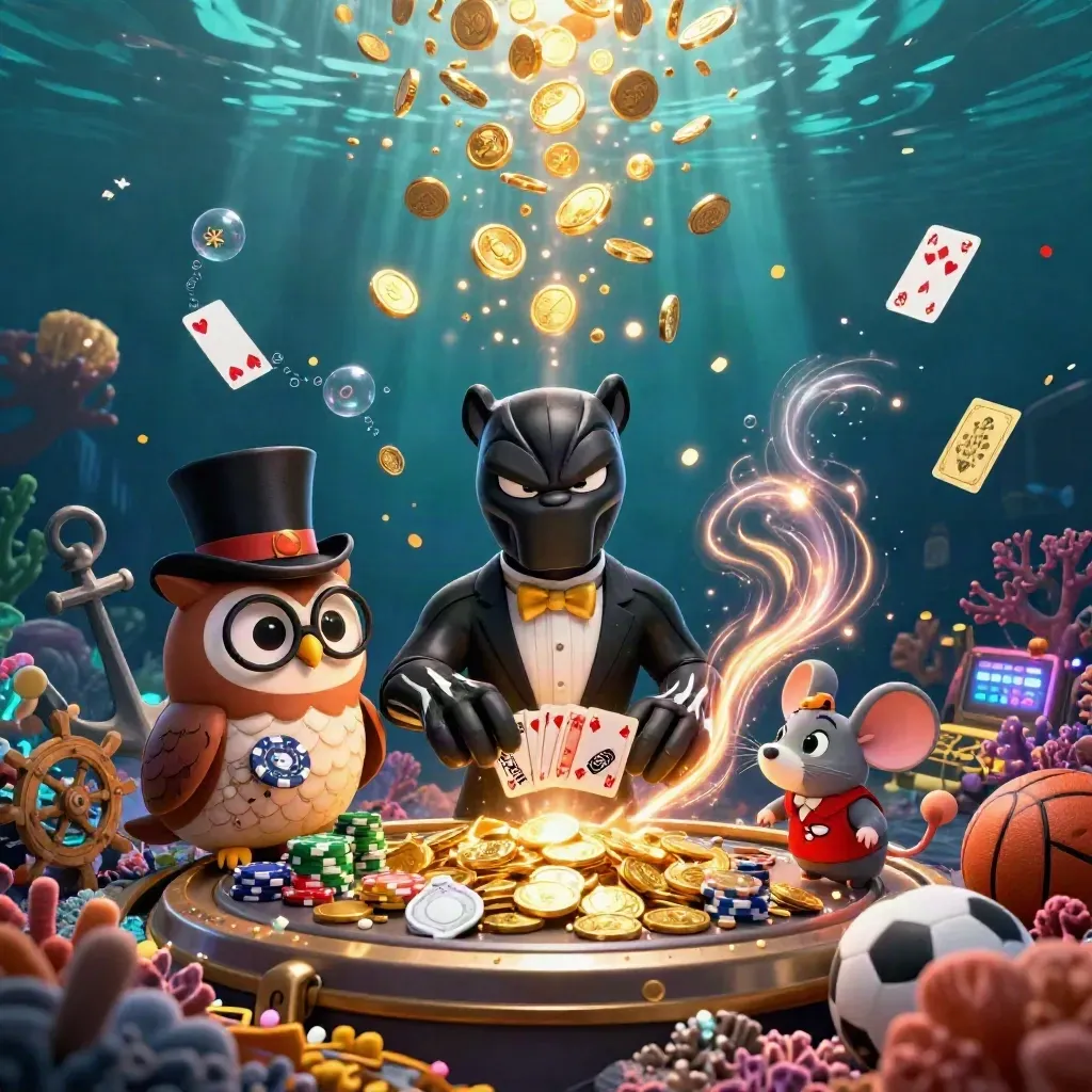 Panther, owl and mouse amid a gold-coin underwater casino burst with coral, chips and fireworks