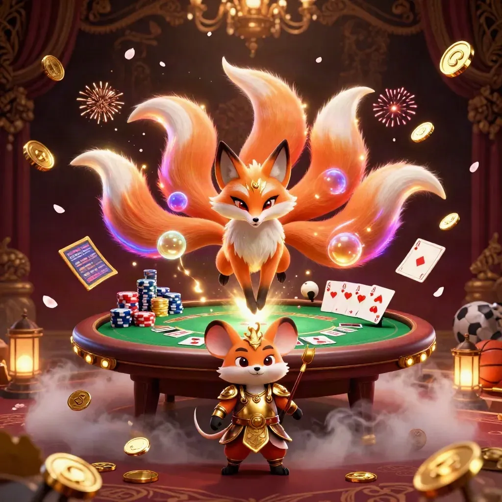 Nine-tailed fox and gold-armored mouse amid casino chips, coins, fireworks, and sports bets.