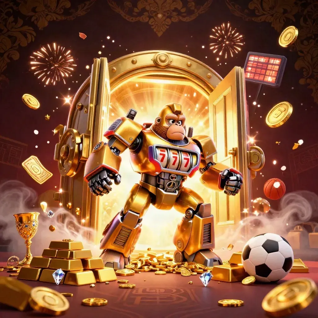 Golden gorilla mech and monkey pilot burst from a vault amid coins, gems, pets, balls, and fireworks.