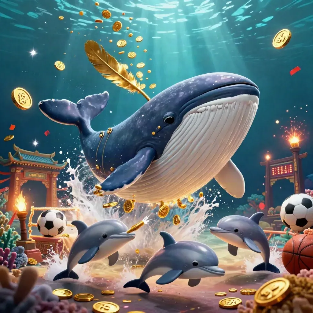 Whale captain, narwhal, and dolphins amid coins, fireworks, temple gate, and casino sports betting icons.