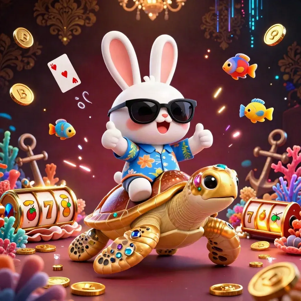 Lucky rabbit on a gem sea turtle amid coins, cards, coral, reels, and glowing casino effects