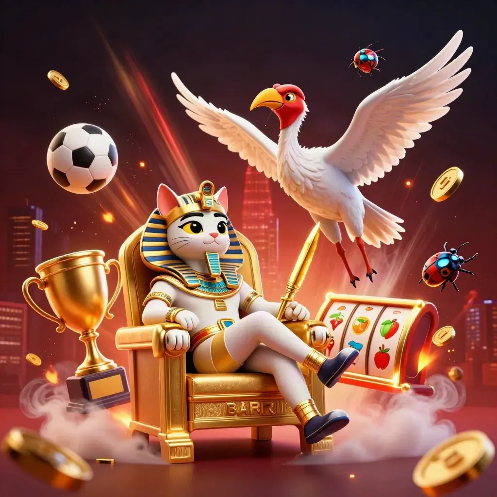 Pharaoh cat, ibis scribe, and gem scarabs amid casino sports and slot effects in dark red glow.
