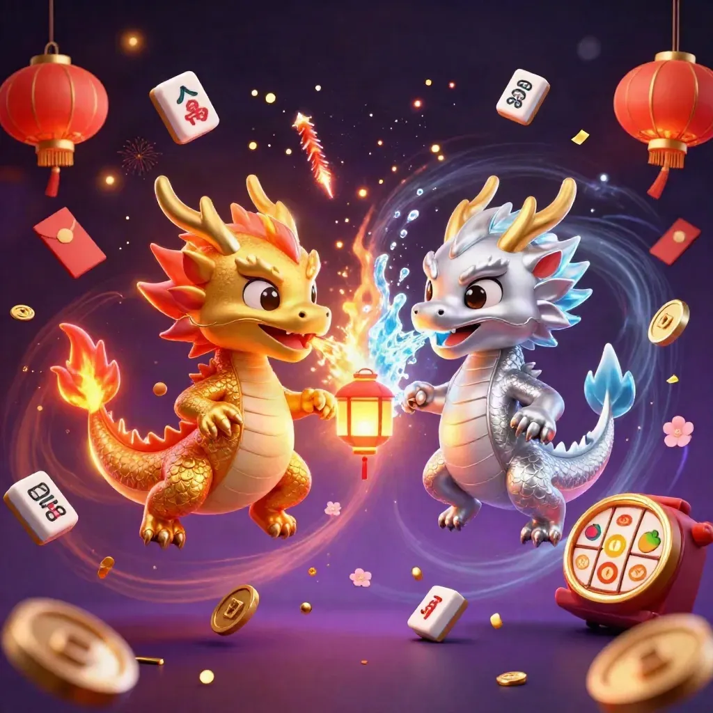 Twin gold and silver dragons in a glowing casino fantasy with lanterns, coins, and slot symbols.