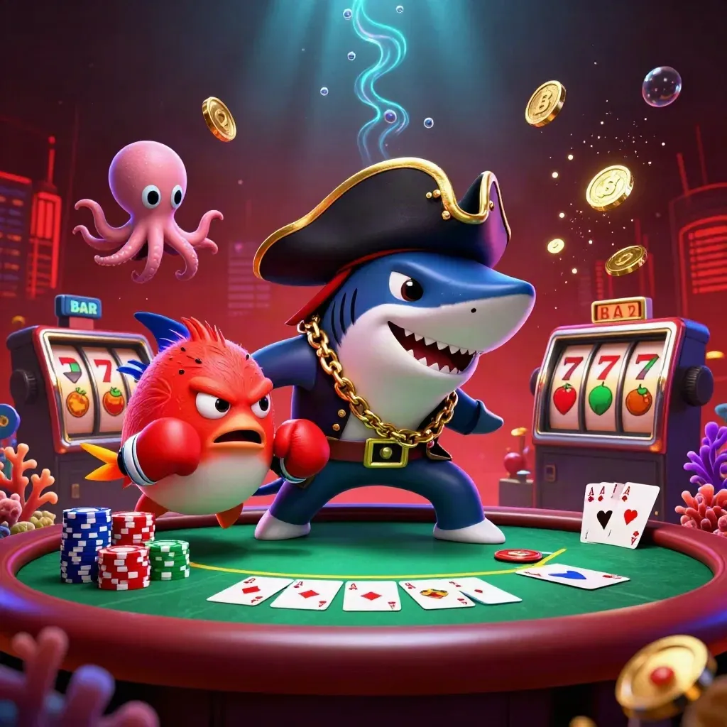 Pirate shark, boxing pufferfish, and coin-juggling octopus amid chips, cards, and neon underwater glow.