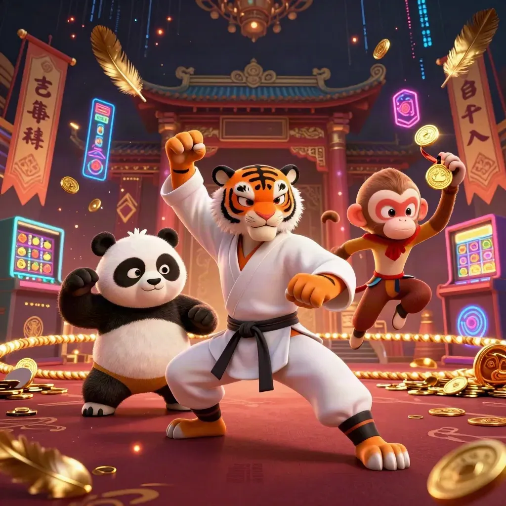Tiger, panda and monkey in a neon casino kung-fu key art tile with reels, coins and gold sparks.