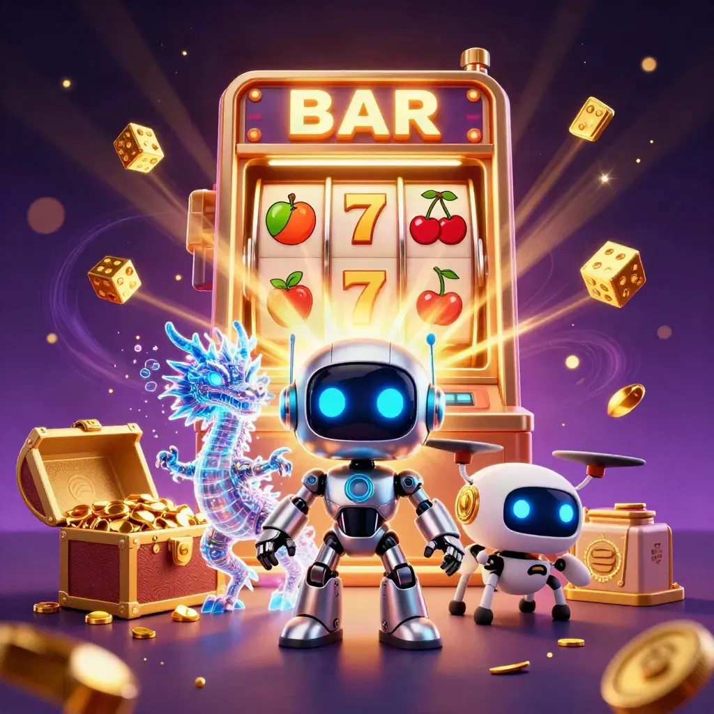 Cyberpunk robot, AI dragon, coin drone amid slot burst, gold dice, treasure chest, dark cosmic glow