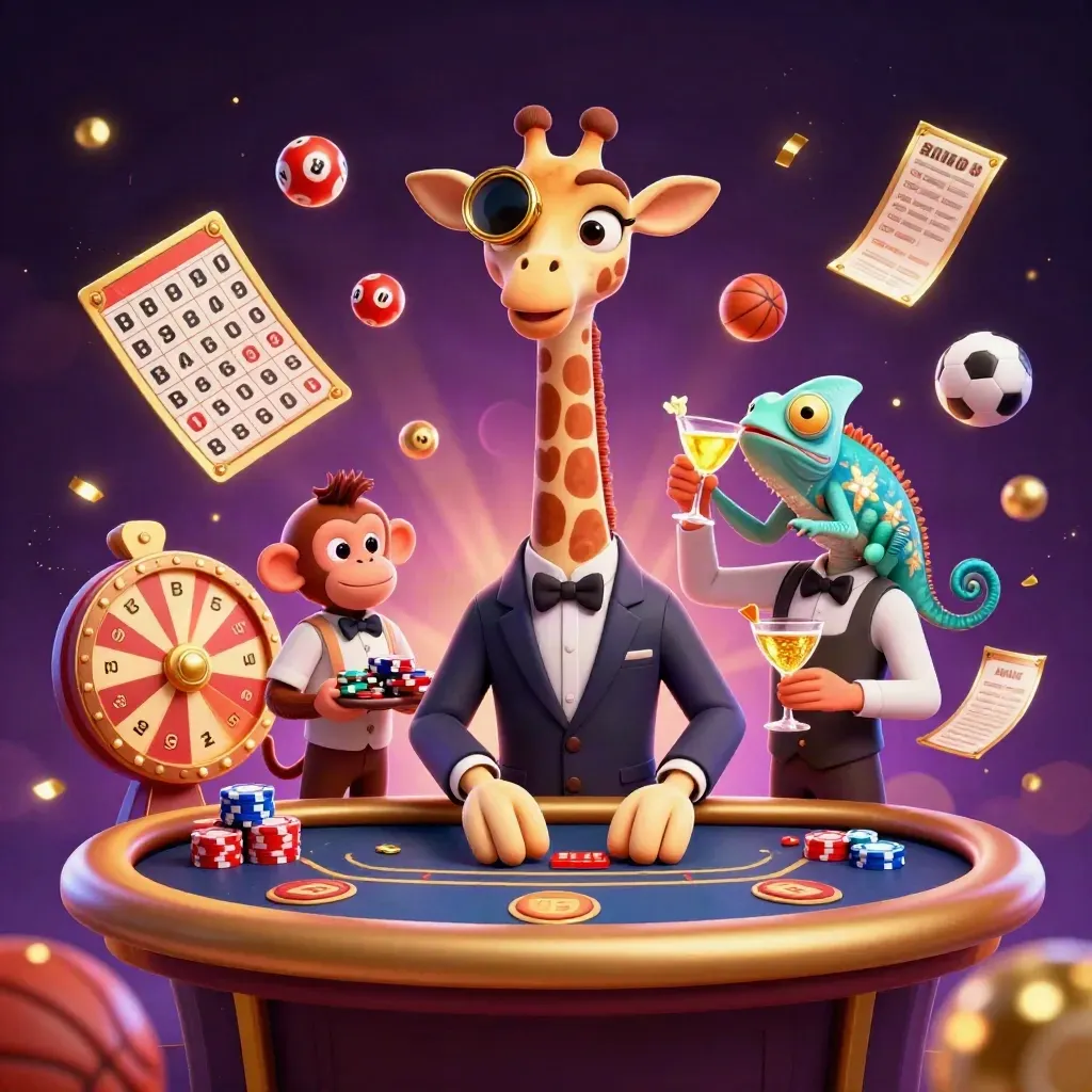 Giraffe, monkey valet, and chameleon bartender around a gold VIP poker table in casino glow