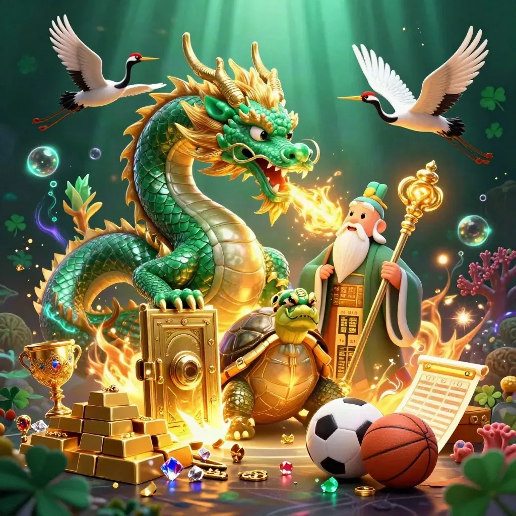 Jade dragon, turtle sage, and cranes amid gold, vault glow, sparks, and casino riches.