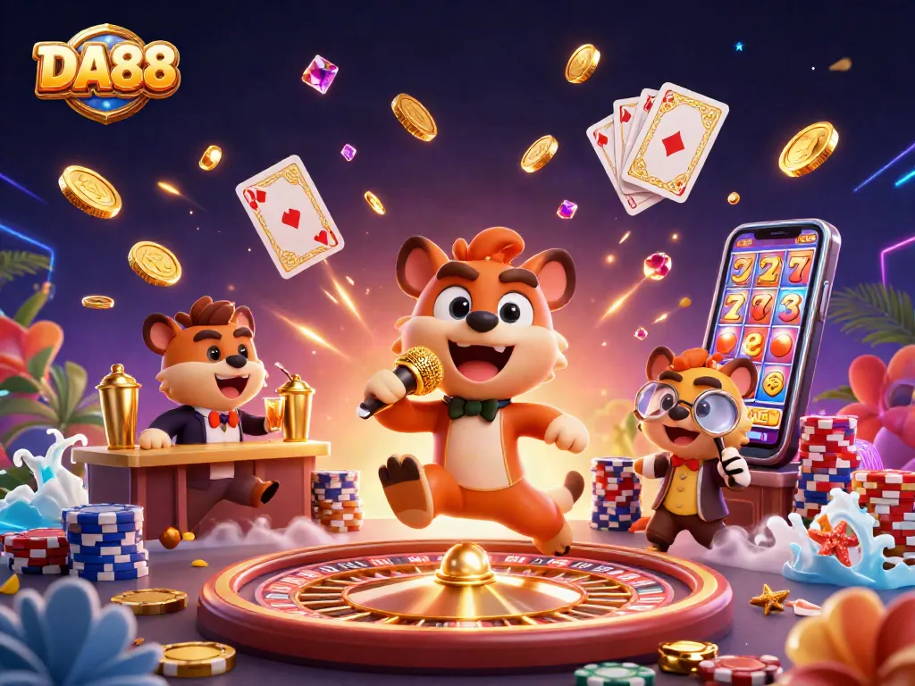 Experience DA88's vibrant scene with hyenas in a casino, showcasing winning moments and thrilling games
