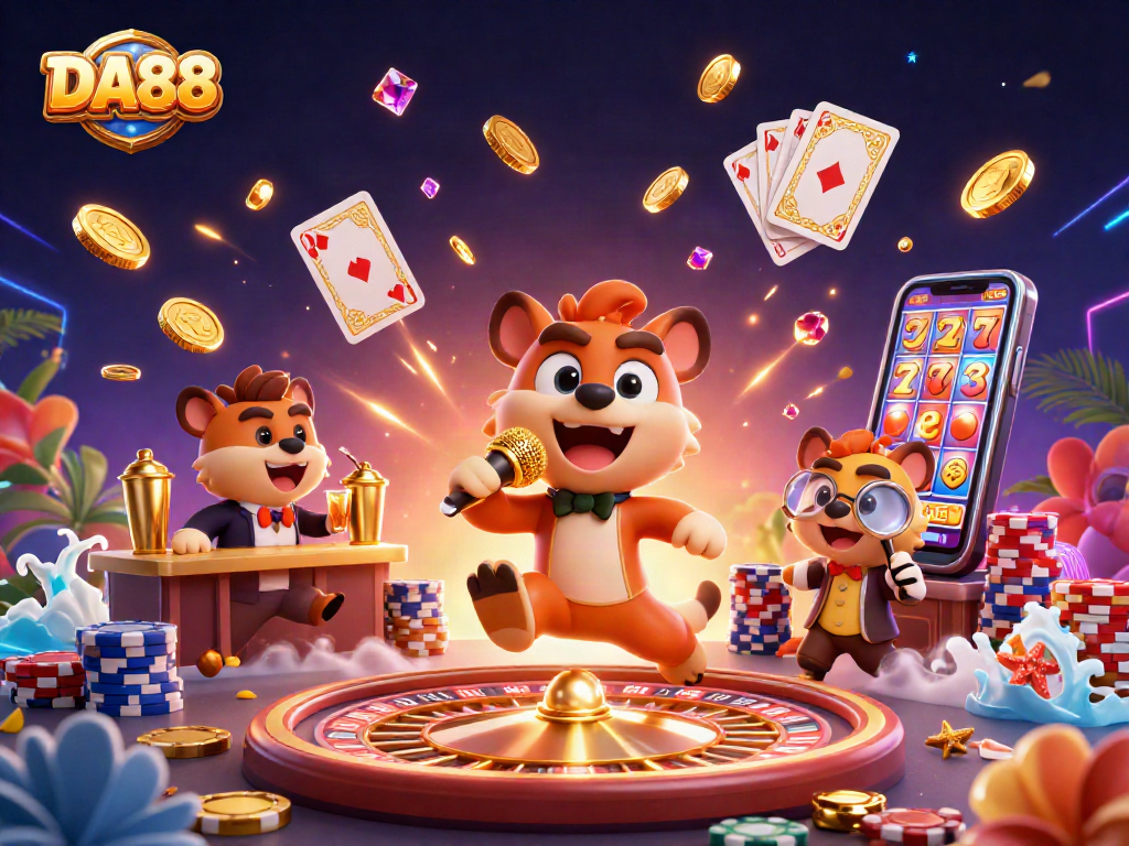 Experience DA88's vibrant scene with hyenas in a casino, showcasing winning moments and thrilling games
