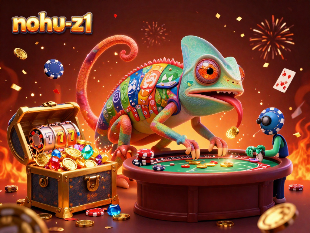 Engage with nohu-z1 in a vibrant 3D casino scene filled with gold coins and slot reels.