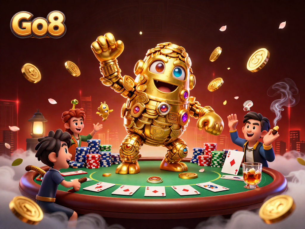 Experience the thrill of Go8 slots surrounded by golden golems and vibrant casino elements.