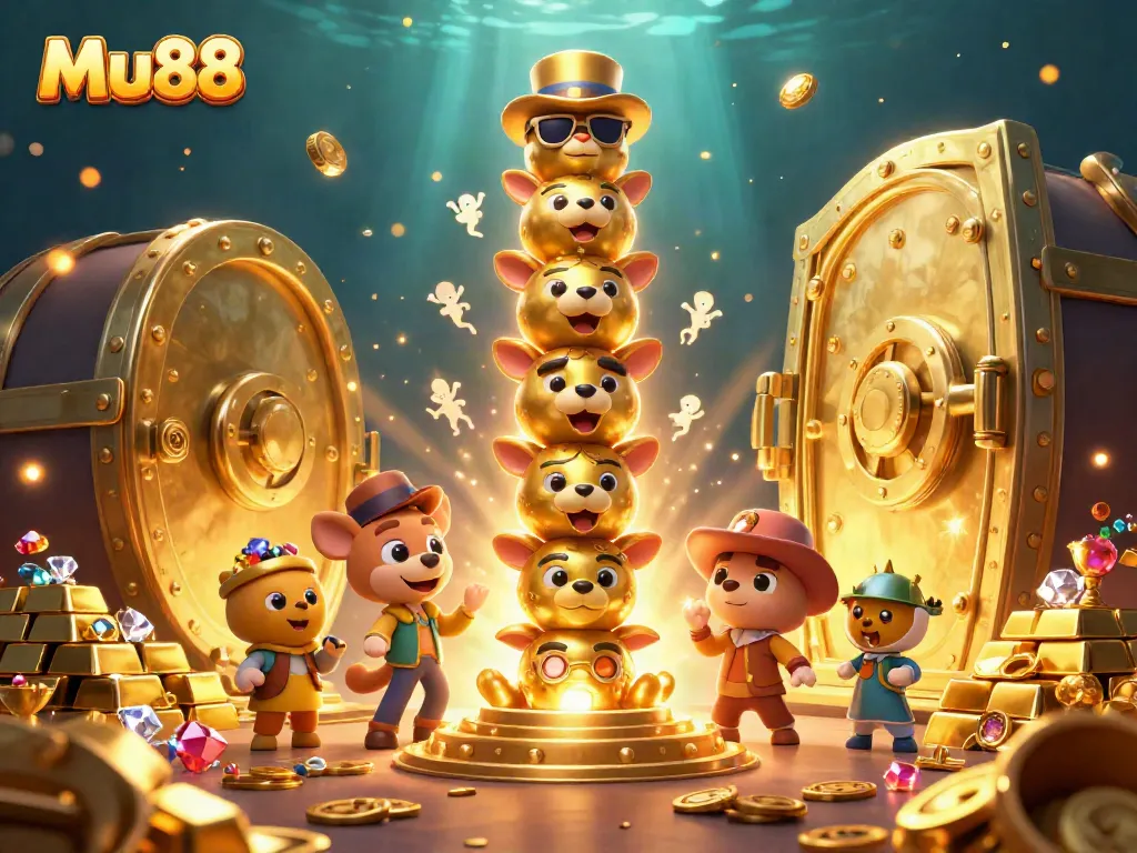Engage with Mu88's exciting casino world through a vibrant illustration of a totem pole amidst treasure.