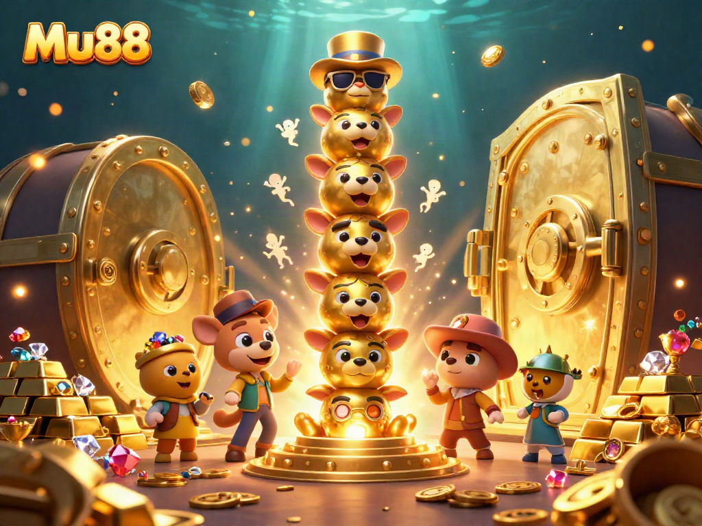 Engage with Mu88's exciting casino world through a vibrant illustration of a totem pole amidst treasure.