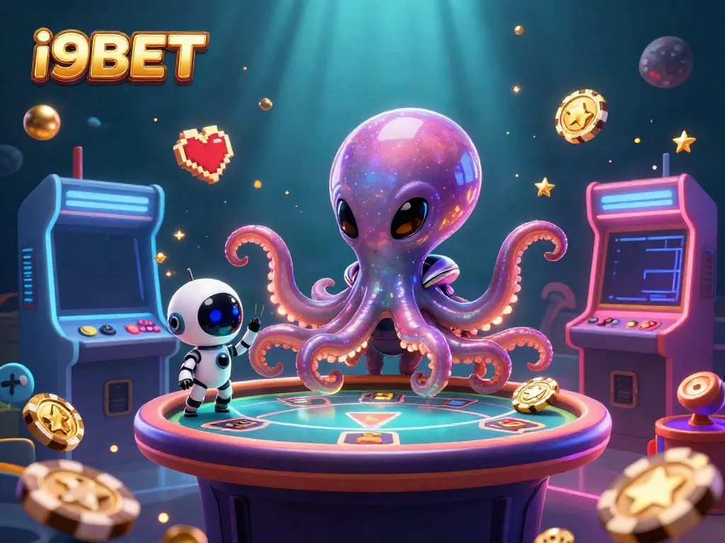 Play poker with i9BET's colorful alien octopus at a holographic table amidst arcade themes.
