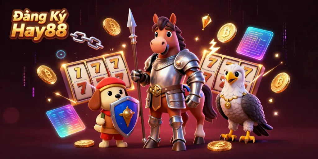 Engaging illustration showcasing Đăng Ký Hay88 with vibrant slot reels and dynamic casino characters.