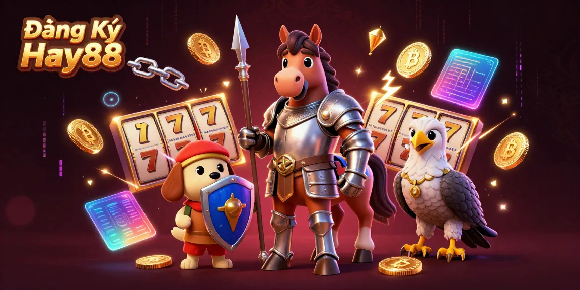 Engaging illustration showcasing Đăng Ký Hay88 with vibrant slot reels and dynamic casino characters.