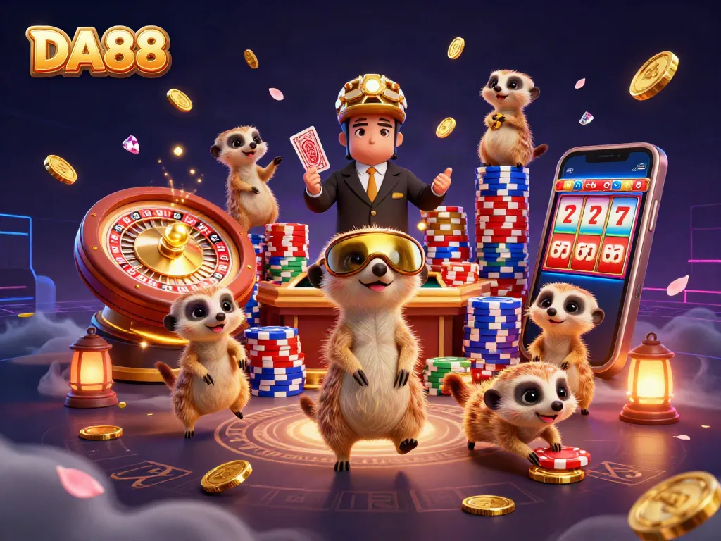 Engage in thrilling gameplay at DA88, witnessing meerkats managing an extravagant casino with vibrant games and atmosphere.