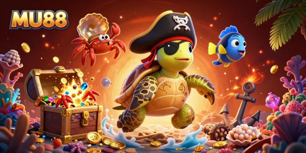 Experience thrilling underwater adventures with MU88, featuring pirate turtle and treasure elements.