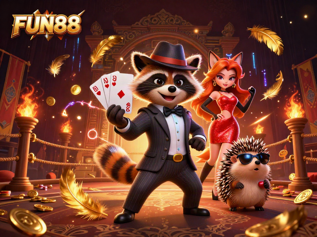 Join the action at FUN88, featuring a suave raccoon and elegant fox in a bustling casino scene.