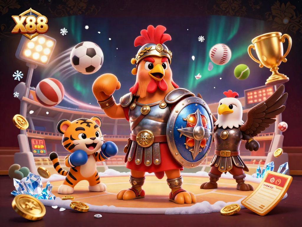 X88 players experience thrilling action with a gladiator rooster in a dynamic casino arena