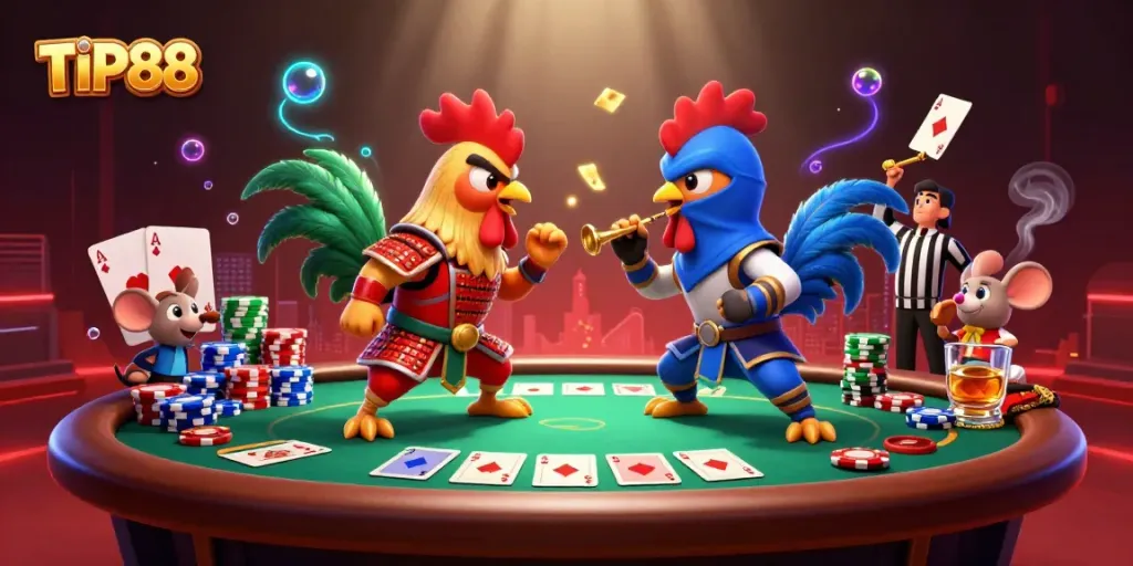 Engage with exciting poker action at TIP88 as cartoon roosters face off at a vivid casino scene.