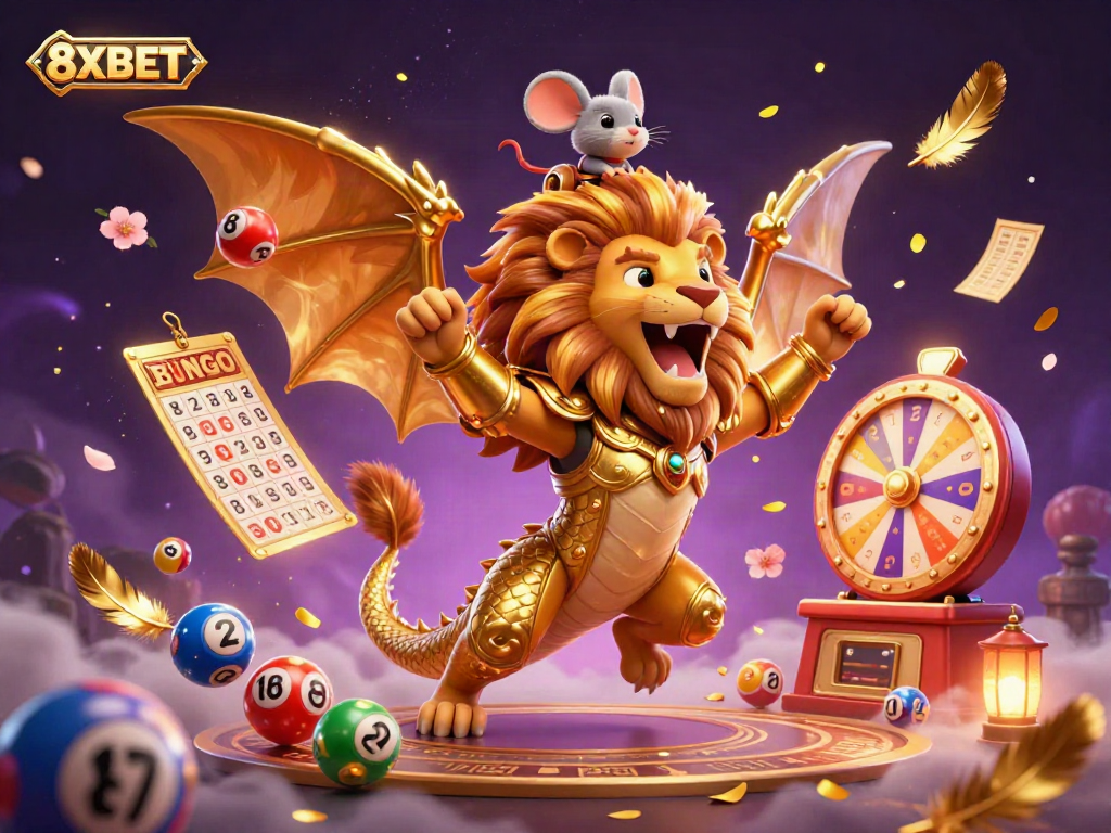 Engage with 8XBET's vibrant gaming experience through a 3D cinematic illustration of a majestic chimera celebrating a joyful lottery event.