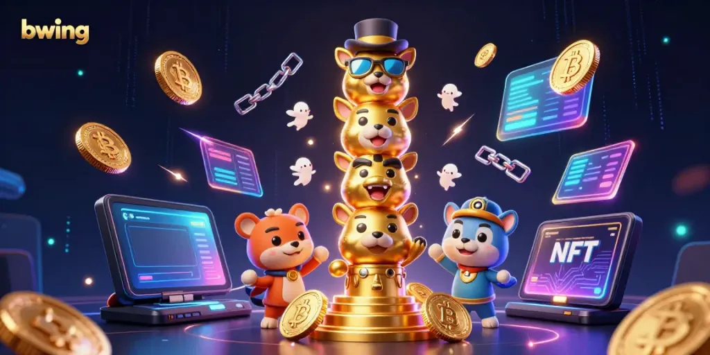 Bwing captures excitement with a 3D golden totem and crypto coins illuminating a vibrant casino scene.